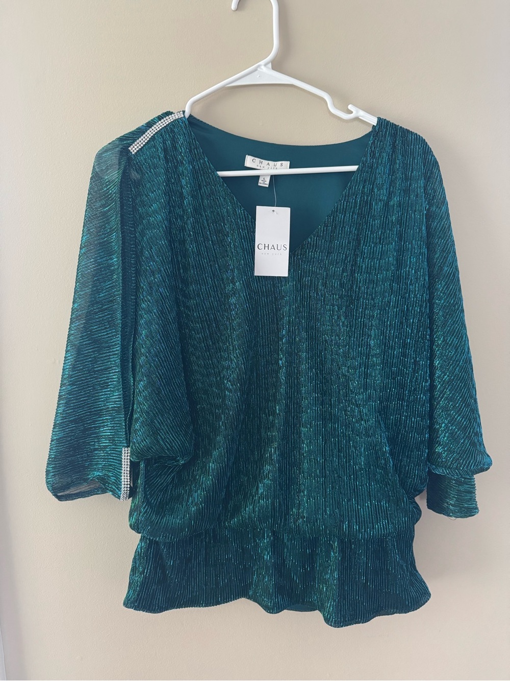 CHAUS Embellished Blouse in Metallic Blue Size Large NWT